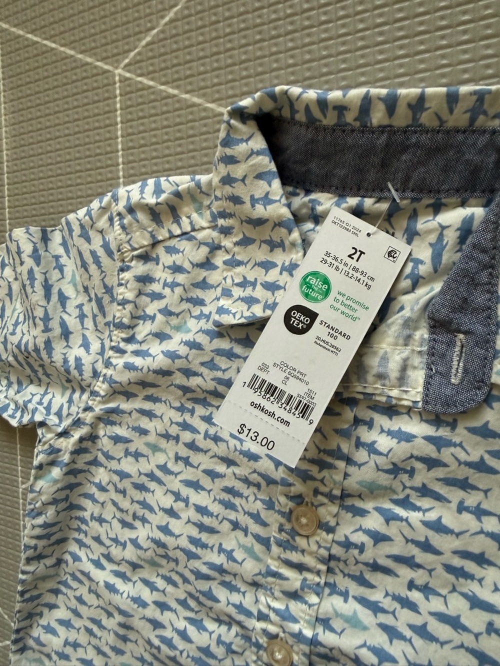OshKosh B'gosh|White and Blue DitsyShark-Print Button-Down Shirt with collar•NWT - Picture 9 of 10